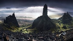 Landscapes nature water Mountains clouds ocean Green rocks 