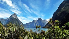 Landscapes nature water Mountains clouds white Green Plants New 