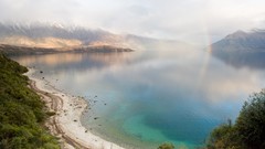 Landscapes nature water New Zealand lakes shore rainbows faint