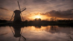 Landscapes nature windmills reflections