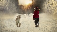 Landscapes nature winter children Dogs