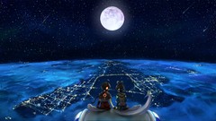 Landscapes night Stars moon headphones sitting cities long hair 