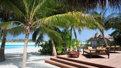 Landscapes ocean Furniture Maldives palm trees huts wooden floor