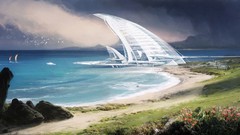 Landscapes ocean Skyscrapers artwork futuristic