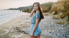 Landscapes ocean woman ass Beaches legs long hair blue eyes 