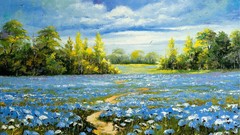 Landscapes paintings fields blue flowers