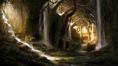 Landscapes ruins waterfalls sunlight forests fantasy art