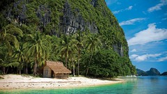 Landscapes sand nature Trees blue clouds hills white Green calm 