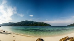 Landscapes sand nature Trees water blue clouds ocean hills 