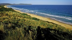 Landscapes sand nature water blue ocean hills foliage Green 