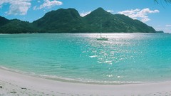 Landscapes sand Sea Mountains clouds calm Beaches forests yatch 