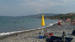 Landscapes sand Sea Mountains clouds Italy beach umbrella 
