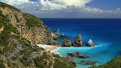 Landscapes sand Sea nature grass clouds hills white Green 