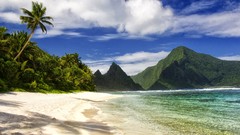 Landscapes sand Sea nature Trees water blue clouds hills white 