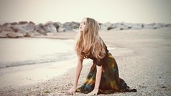Landscapes sand stones woman dress Beaches blondes long hair