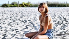 Landscapes sand woman Beaches green eyes brunettes short hair 