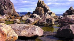 Landscapes Sea clouds Japan rocks
