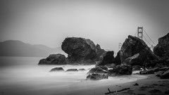 Landscapes Sea coast Bridges rocks mist greyscale