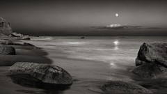 Landscapes Sea moon rocks grayscale
