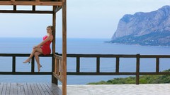 Landscapes Sea Mountains woman red dress outdoors blondes high 