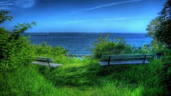 Landscapes Sea nature blue bench HDR Photography