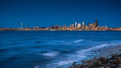 Landscapes Sea nature coast lights Skyscrapers evening 
