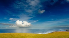 Landscapes Sea nature grass clouds summer ocean blue skies