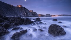 Landscapes Sea nature lights cliffs rocks houses long exposure