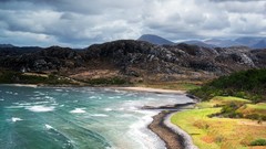 Landscapes Sea nature Trees grass water clouds hills Scotland 