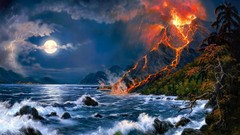 Landscapes Sea nature Trees moon Volcanoes rocks waves artwork