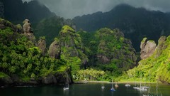 Landscapes Sea nature Trees water clouds hills Green Boats 