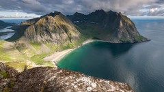 Landscapes Sea nature water blue clouds hills Green moss Norway 