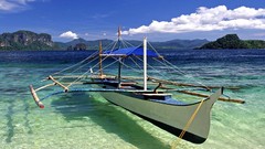 Landscapes Sea nature water blue clouds hills white Green Boats 
