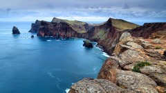 Landscapes Sea nature water blue clouds red coast cliffs rocks 