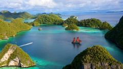 Landscapes Sea nature water blue clouds sky ships Indonesia 