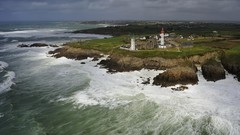 Landscapes Sea nature water clouds waves fields buildings blue 