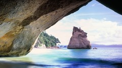 Landscapes Sea nature water hills Green New Zealand brown rocks 