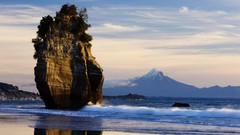 Landscapes Sea New Zealand rocks Beaches mount Taranaki