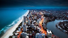 Landscapes Sea night coast traffic Beaches buildings golden 