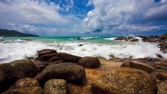 Landscapes Sea stones nature clouds sky foam waves splashes