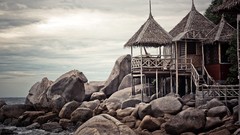 Landscapes Sea stones nature hut Thailand Wood