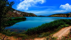 Landscapes Sea Trees grass blue Green oasis lakes skyscapes