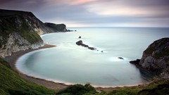 Landscapes Sea Trees grass water Mountains bay
