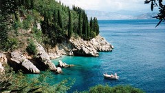 Landscapes Sea Trees Mountains ocean Boats Greece Islands Europe