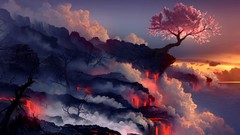 Landscapes Sea Trees smoke lava rocks drawings cherry blossoms 