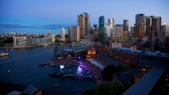 Landscapes Sea water blue clouds purple ships bay Skyscrapers 