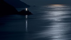 Landscapes Sea water Japan moonlight silhouettes rocks beacon