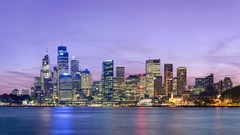 Landscapes Sea water sky bay Skyscrapers evening Australia 