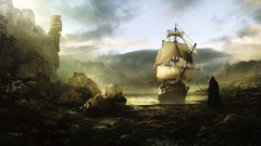 Landscapes ships hood sail rocks skies archery caravel fantasy 