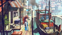 Landscapes smoke ships dress houses buildings long hair anime 